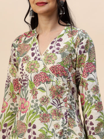 Floral Printed V-Neck Straight Cotton Kurta With Pants