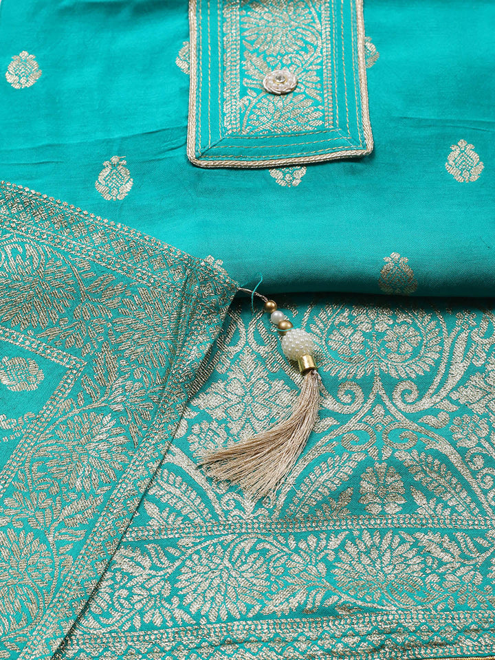 Embroidered Chanderi Unstitched Suit With Pant &amp; Dupatta