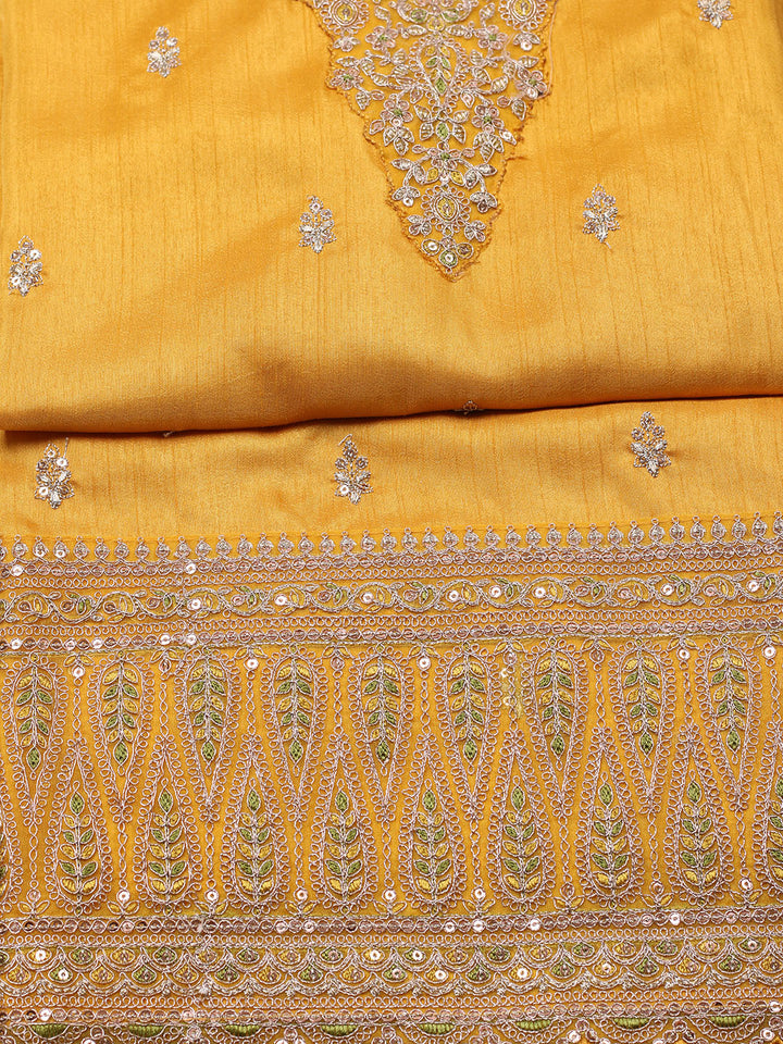 Embroidered Art Silk Unstitched Suit With Pant &amp; Dupatta