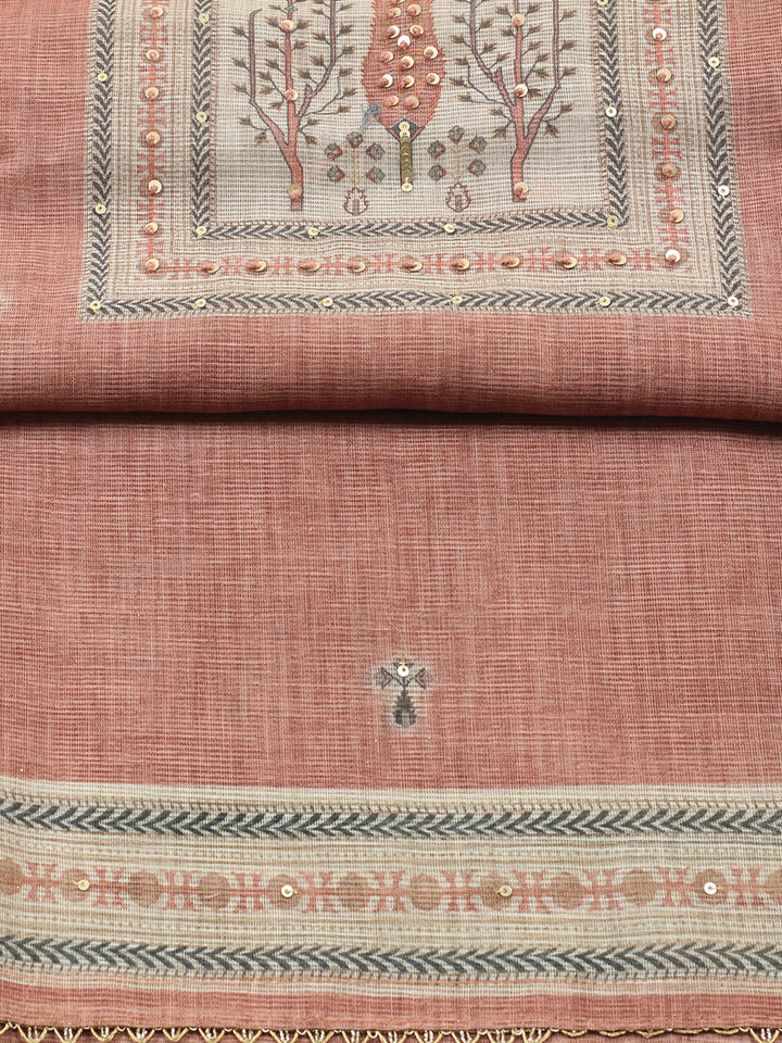 Printed Linen Blend Unstitched Suit With Pant &amp; Dupatta