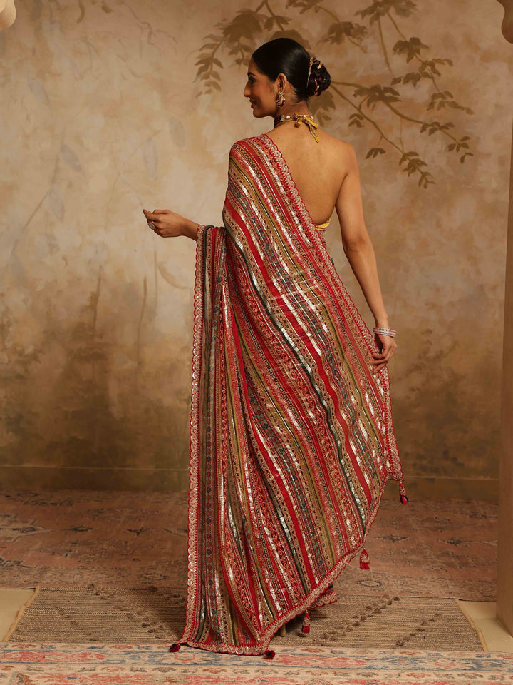 Digital Printed &amp; Zari Stripes Georgette Saree