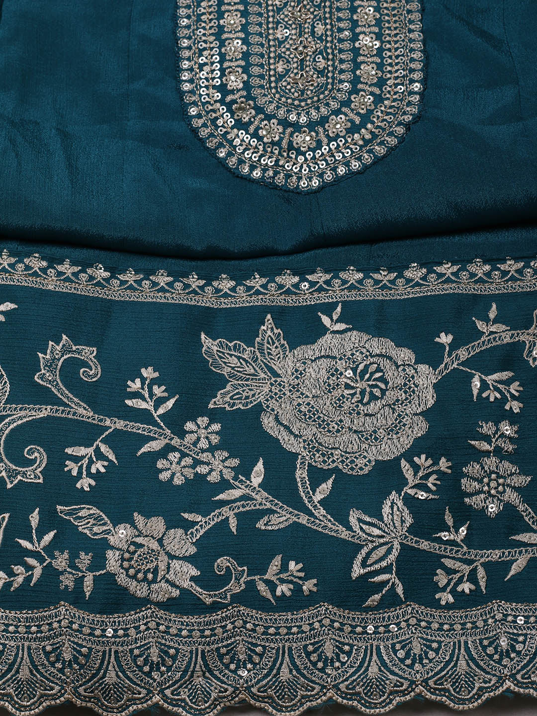 Embroidered Chinon Unstitched Suit With Pant &amp; Dupatta