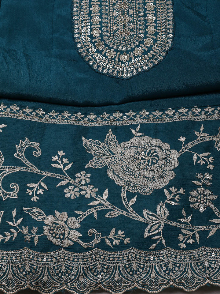 Embroidered Chinon Unstitched Suit With Pant &amp; Dupatta