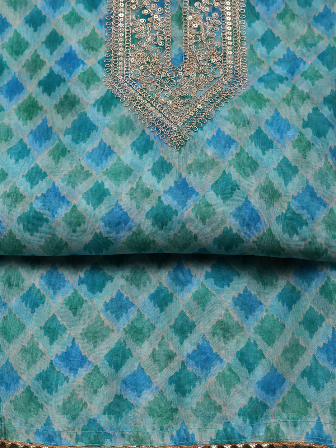 Neck Embroidered &amp; Printed Organza Unstitched Suit With Dupatta