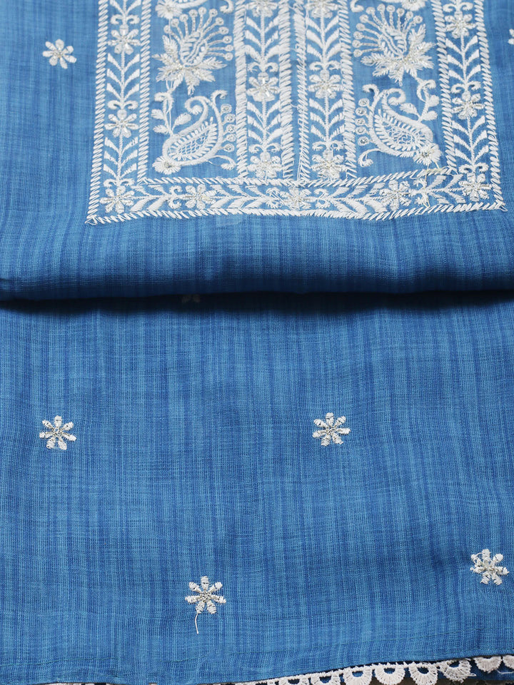 Embroidered Linen Blend Unstitched Suit With Pant &amp; Dupatta