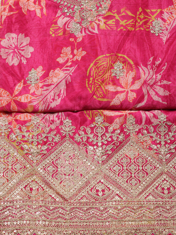Embroidered Chinon Unstitched Suit With Pant &amp; Dupatta