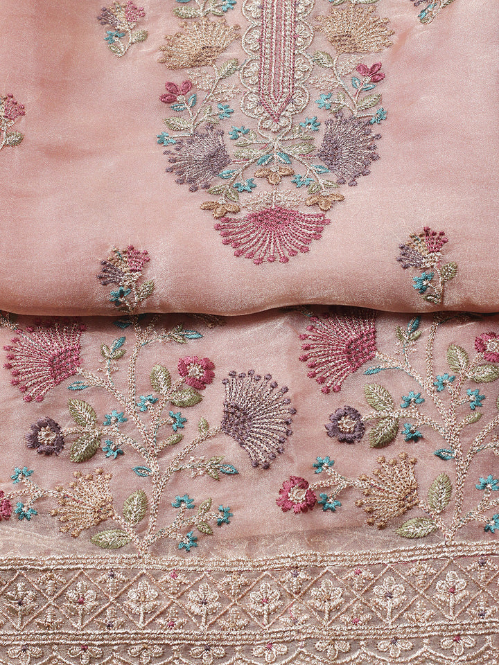 Embroidered Organza Unstitched Suit With Pant &amp; Dupatta