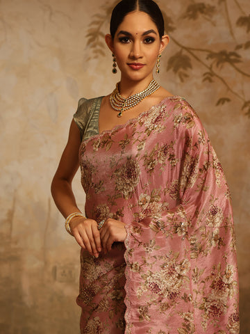 Floral Printed & Sequin Embroidery Organza Tissue Saree