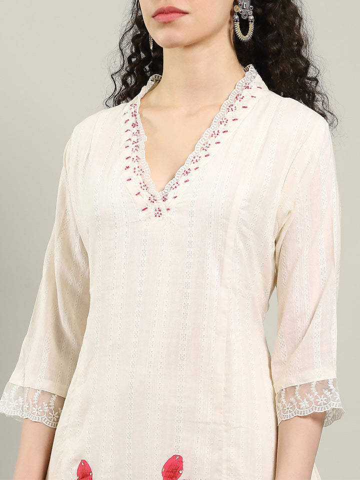 Neck Embroidered Cotton Blend Kurta With Pants &amp; Dupatta