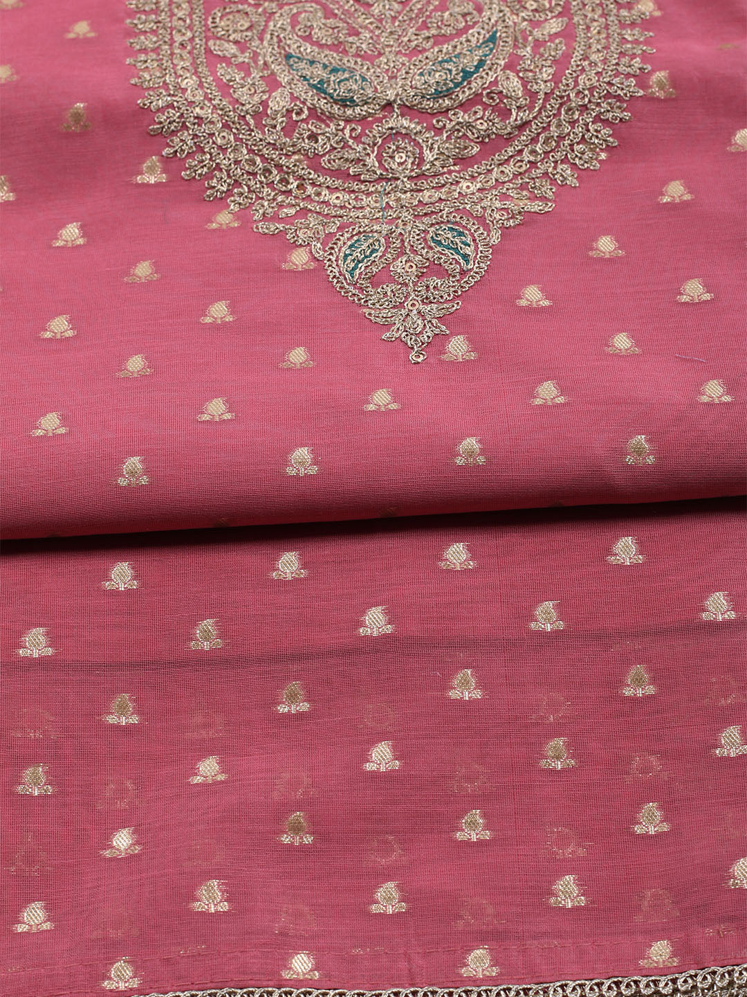 Neck Embroidered Chanderi Unstitched Suit With Dupatta