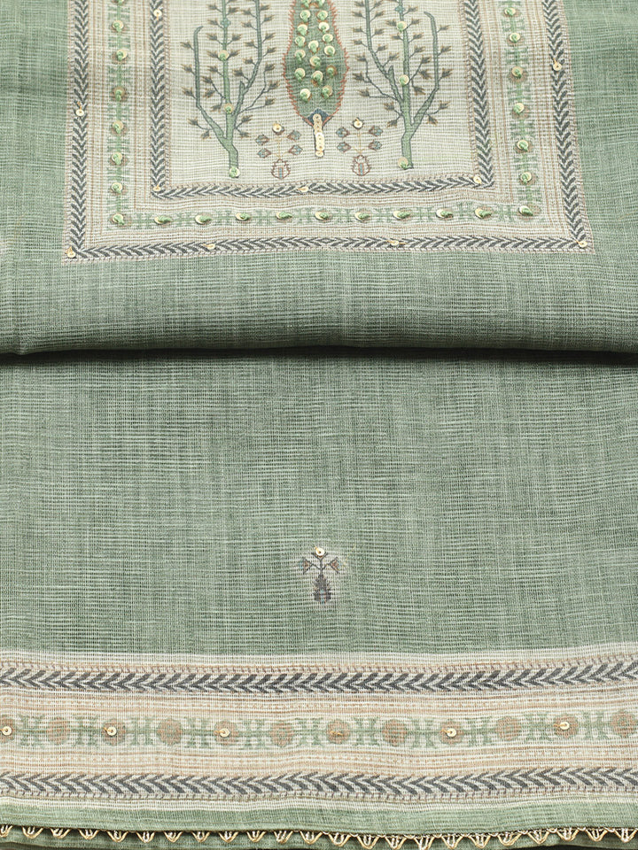 Printed Linen Blend Unstitched Suit With Pant &amp; Dupatta