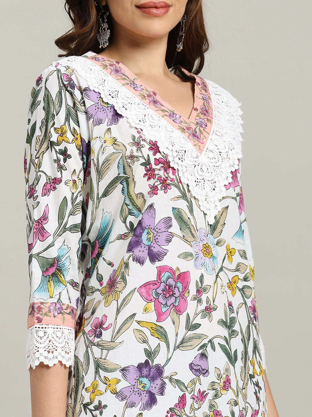 Floral Parinted Cotton Blend Kurta With Pants &amp; Dupatta