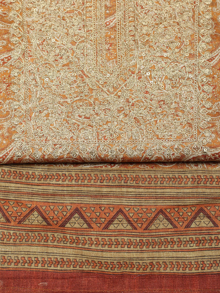 Embroidered Chanderi Unstitched Suit With Pant &amp; Dupatta