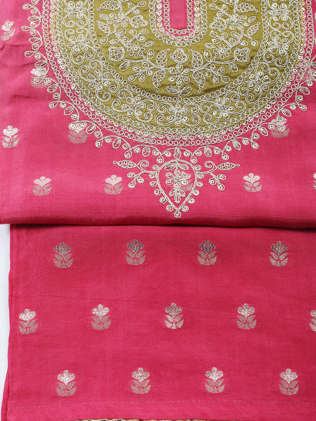 Embroidered Chanderi Unstitched Suit With Pant &amp; Dupatta
