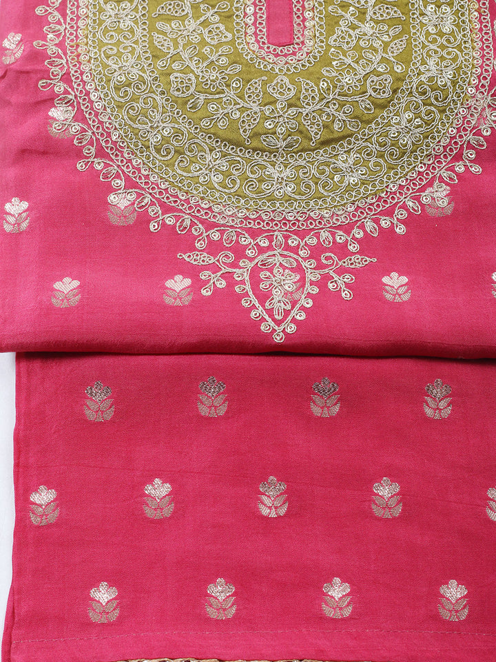 Embroidered Chanderi Unstitched Suit With Pant &amp; Dupatta