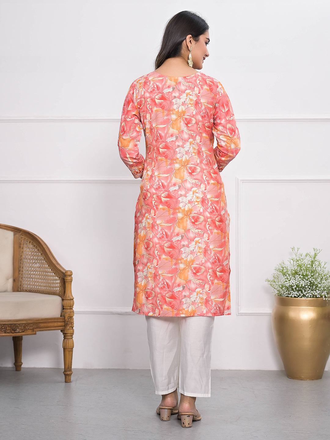 Printed Neck Embroidered Cotton Blend Kurta