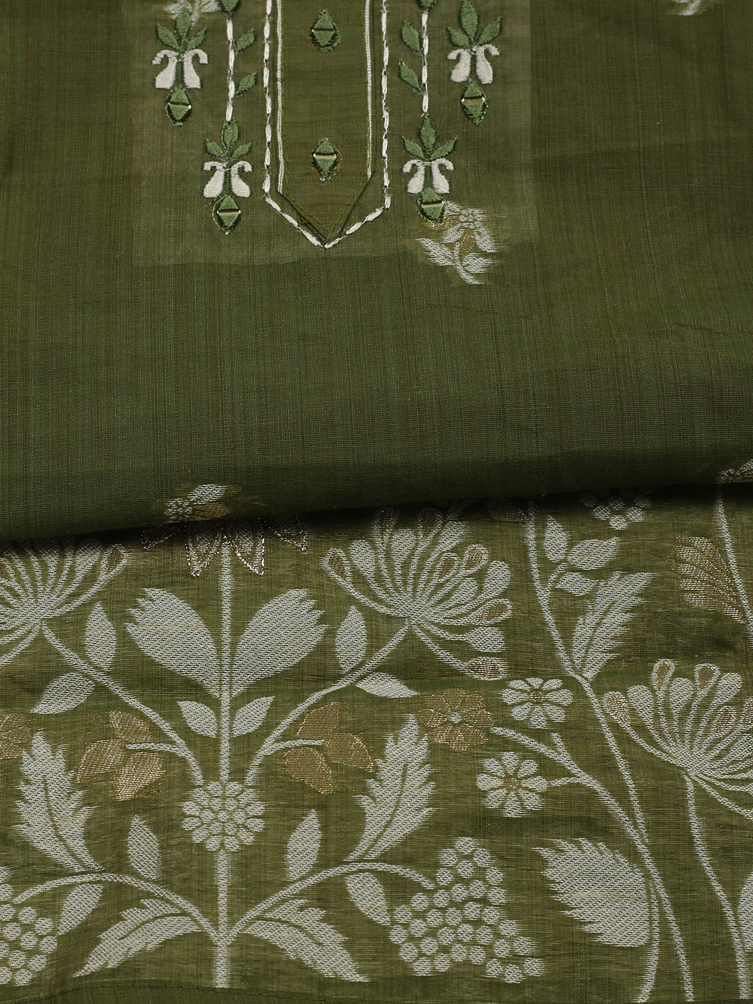 Embroidered Cotton Blend Unstitched Suit With Pant &amp; Dupatta
