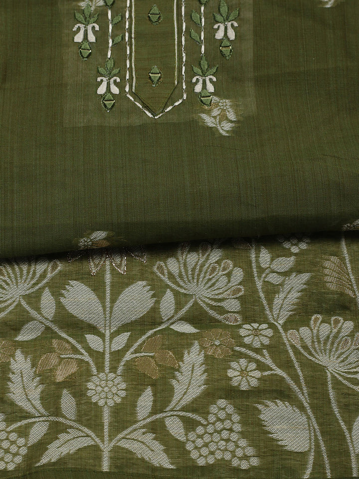 Embroidered Cotton Blend Unstitched Suit With Pant &amp; Dupatta