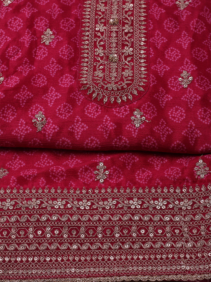 Embroidered Art Silk Unstitched Suit With Dupatta