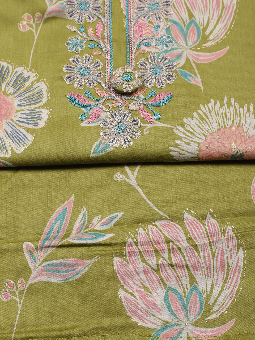 Embroidered Cotton Blend Unstitched Suit With Pant &amp; Dupatta