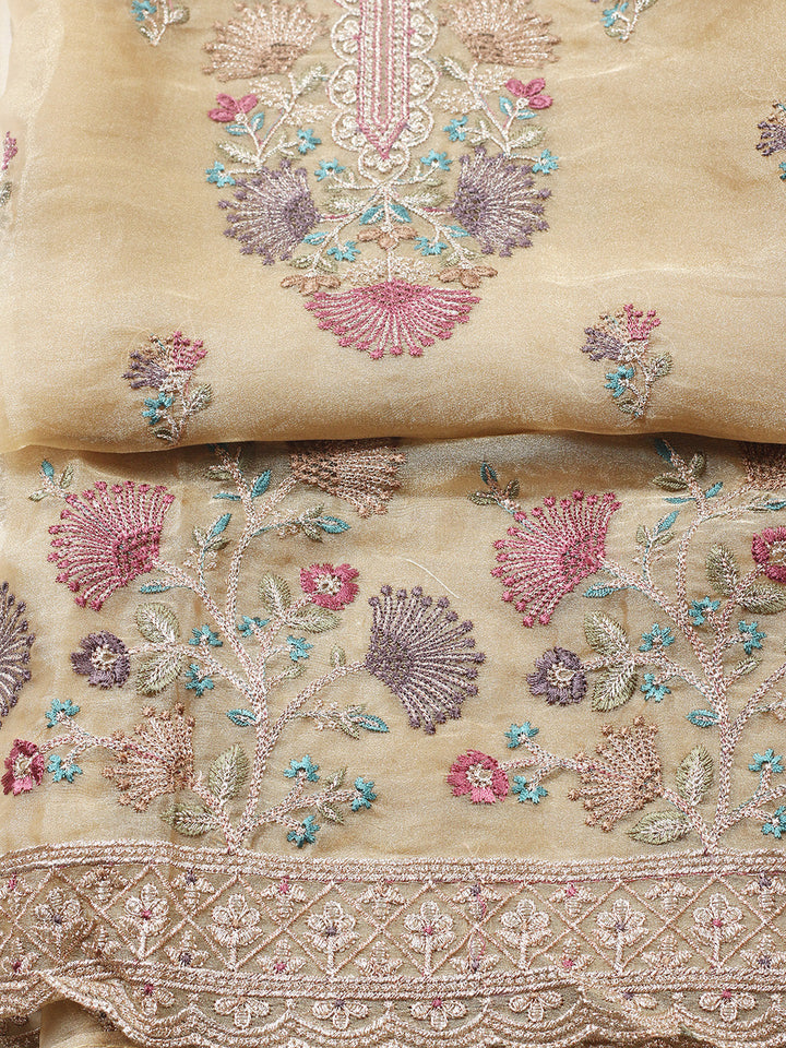 Embroidered Organza Unstitched Suit With Pant &amp; Dupatta