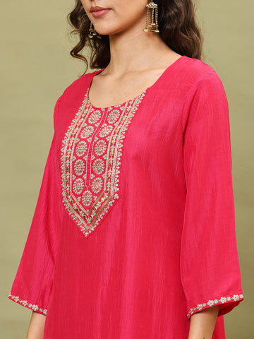 Neck Embroidery Cotton Blend Kurta With Pants & Dupatta