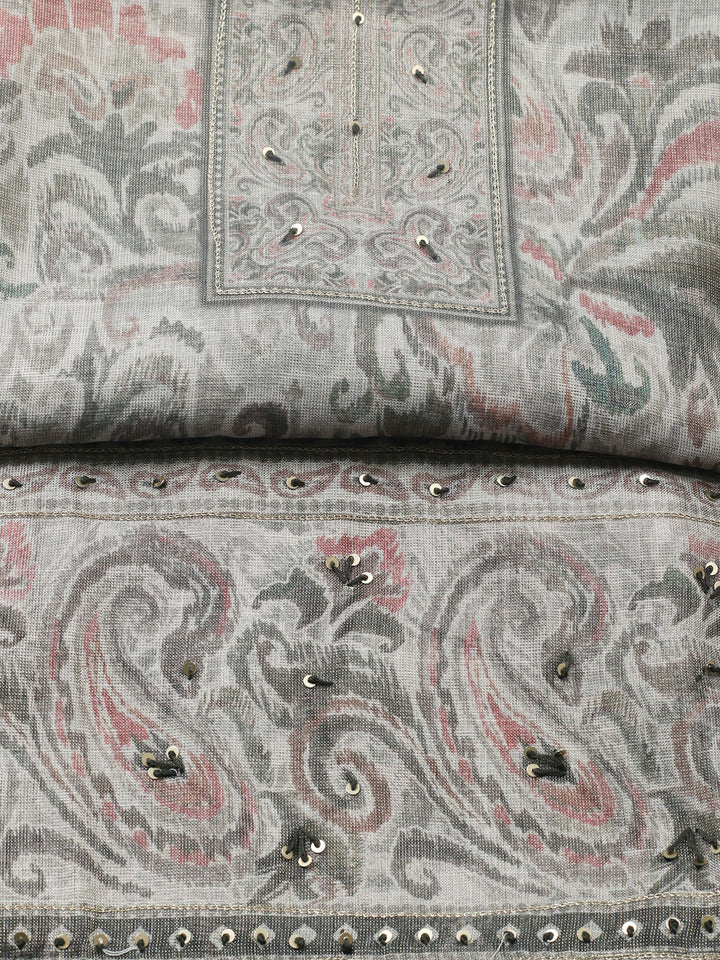 Embroidered Linen Blend Unstitched Suit With Pant &amp; Dupatta