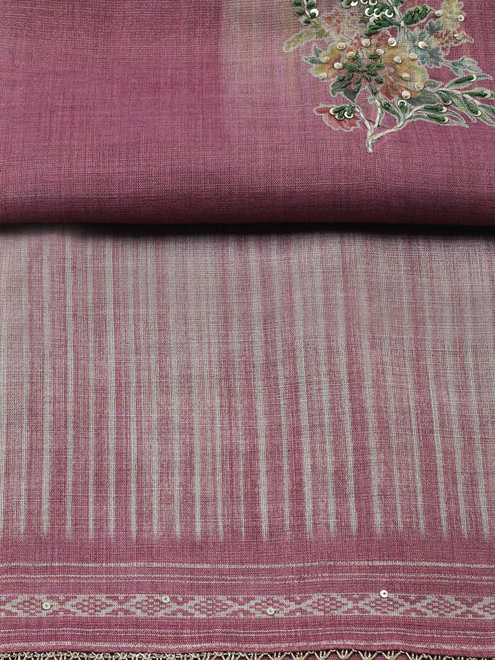 Printed Linen Blend Unstitched Suit With Pant &amp; Dupatta