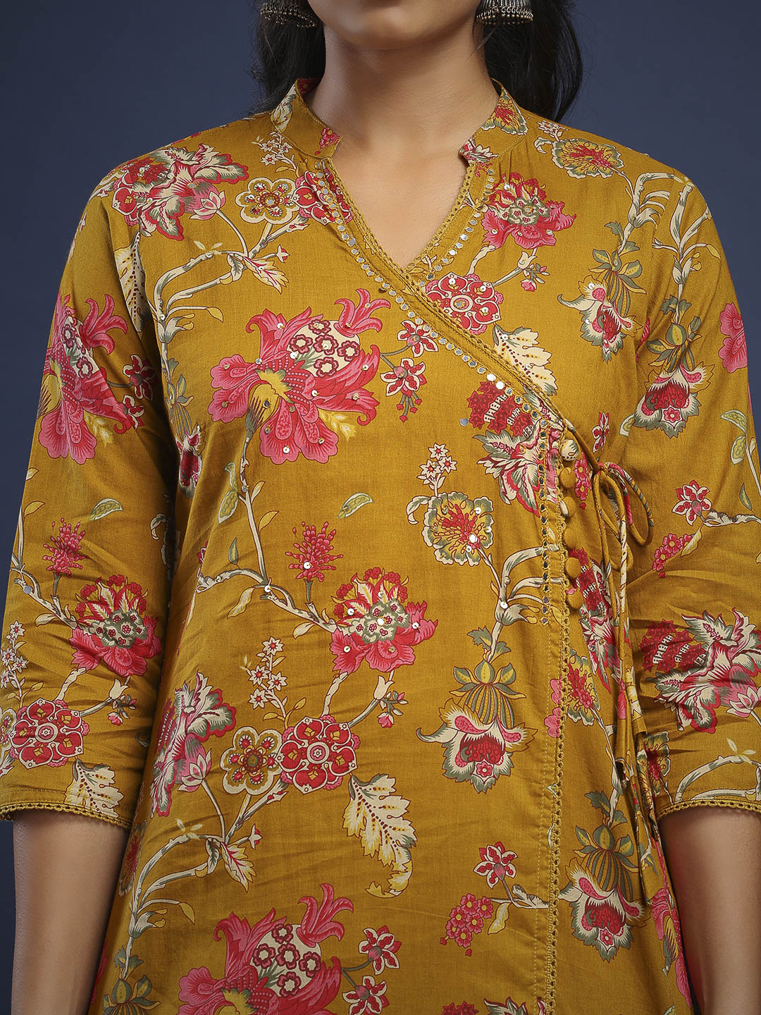 Mustard Cotton Blend Printed A Line Suit Set