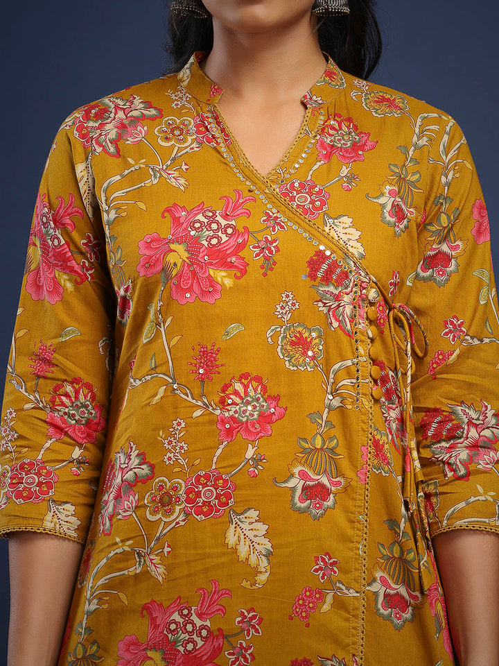 Mustard Cotton Blend Printed A Line Suit Set