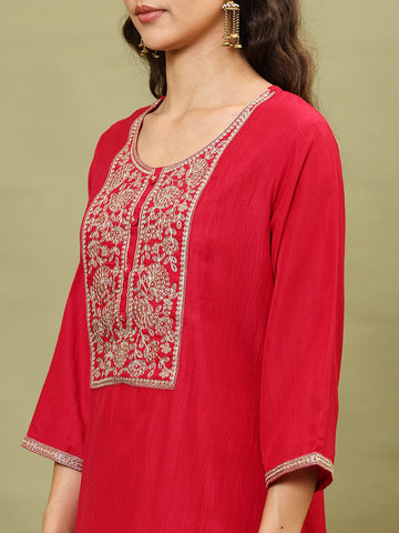 Neck Embroidery Cotton Blend Kurta With Pants & Dupatta