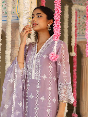 Embroidered Organza Kurta With Pants & Dupatta