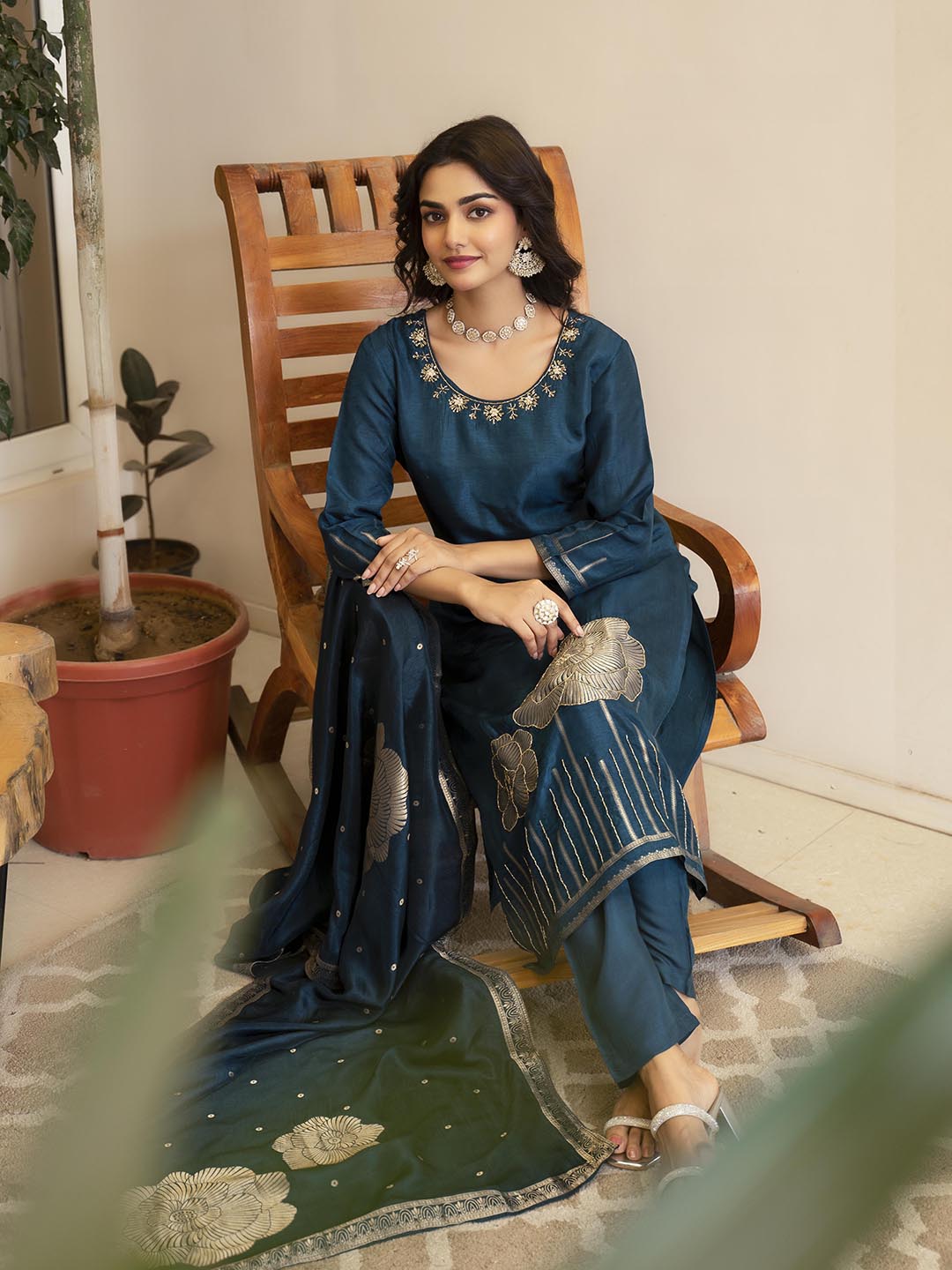 Woven Design Silk Kurta With Pant &amp; Dupatta