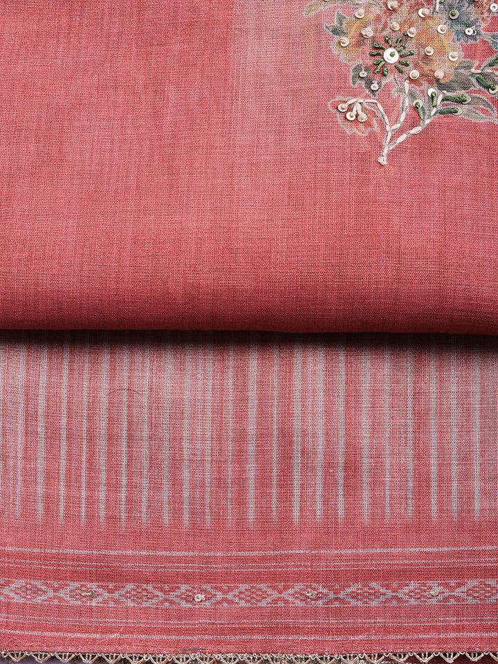 Printed Linen Blend Unstitched Suit With Pant &amp; Dupatta