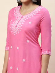 Neck Embroidery Cotton Kurta With Pants & Dupatta