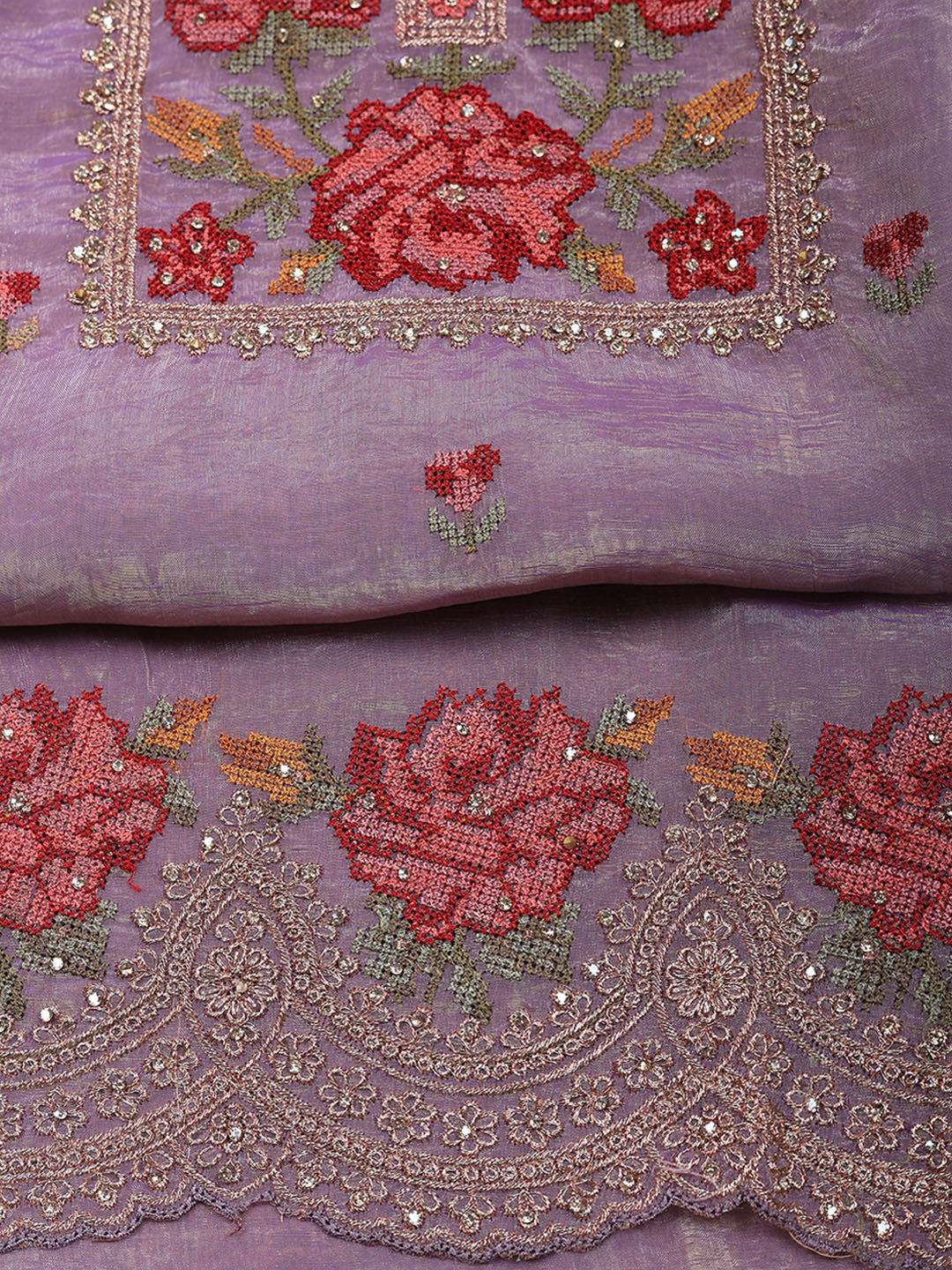Embroidered Tissue Unstitched Suit With Pant &amp; Dupatta