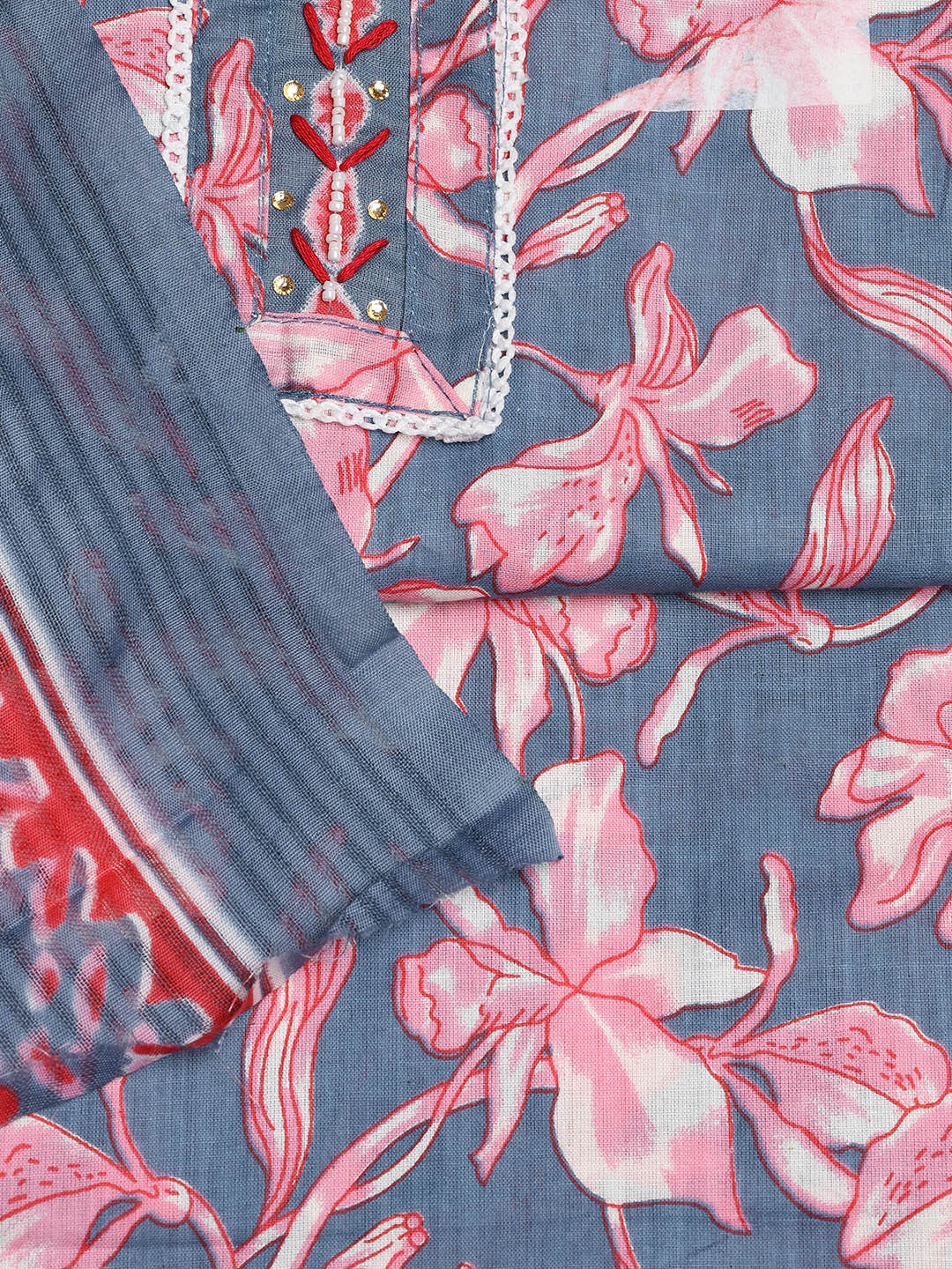 Printed Cotton Blend Unstitched Suit With Dupatta