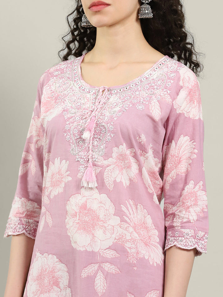 Printed Cotton Blend Kurta With Pants &amp; Dupatta