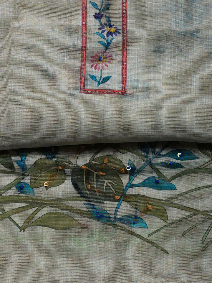 Printed Linen Blend Unstitched Suit With Pant &amp; Dupatta