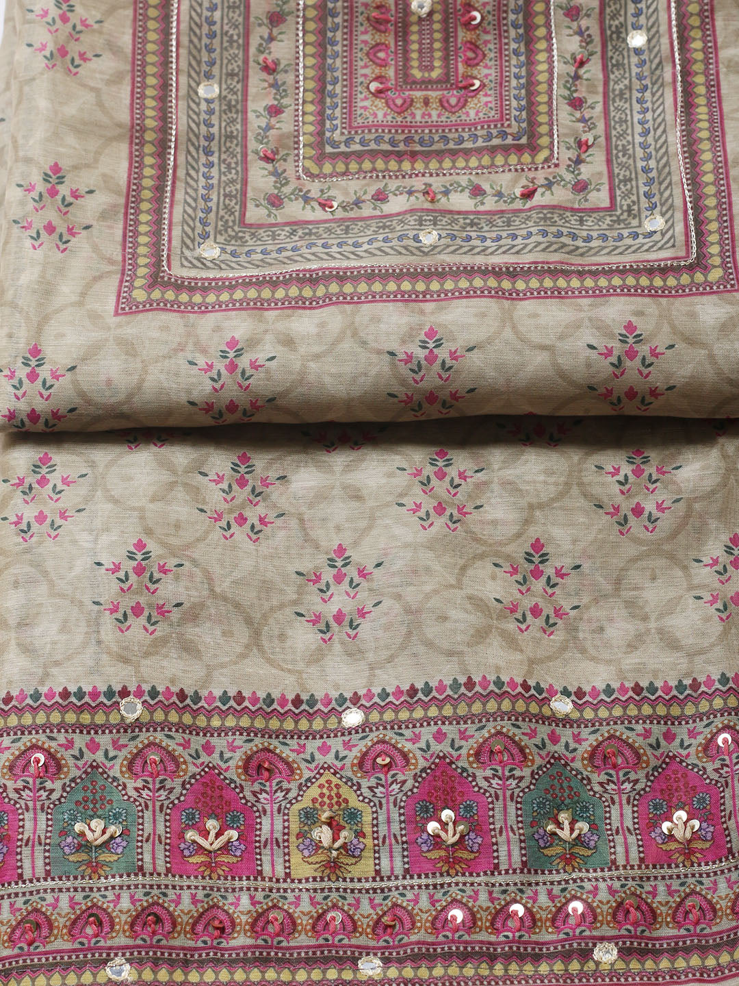 Embellished Chanderi Unstitched Suit With Pant &amp; Dupatta