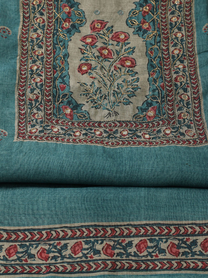 Printed Chanderi Unstitched Suit With Pant &amp; Dupatta