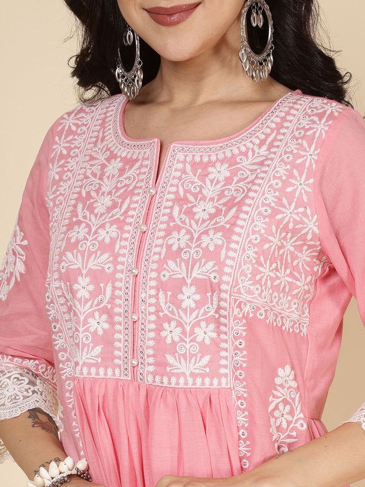 Embroidered Cotton Blend Kurta With Pants &amp; Dupatta