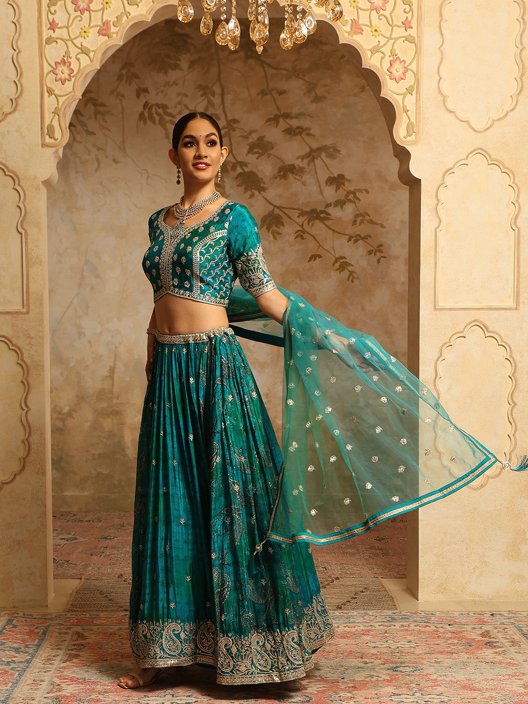 Zari Embroidered &amp; Printed Crepe Choli With Lehenga &amp; Dupatta