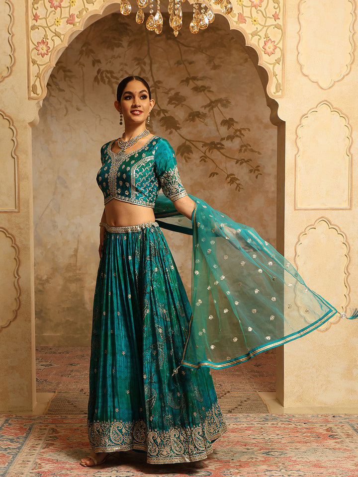Zari Embroidered &amp; Printed Crepe Choli With Lehenga &amp; Dupatta