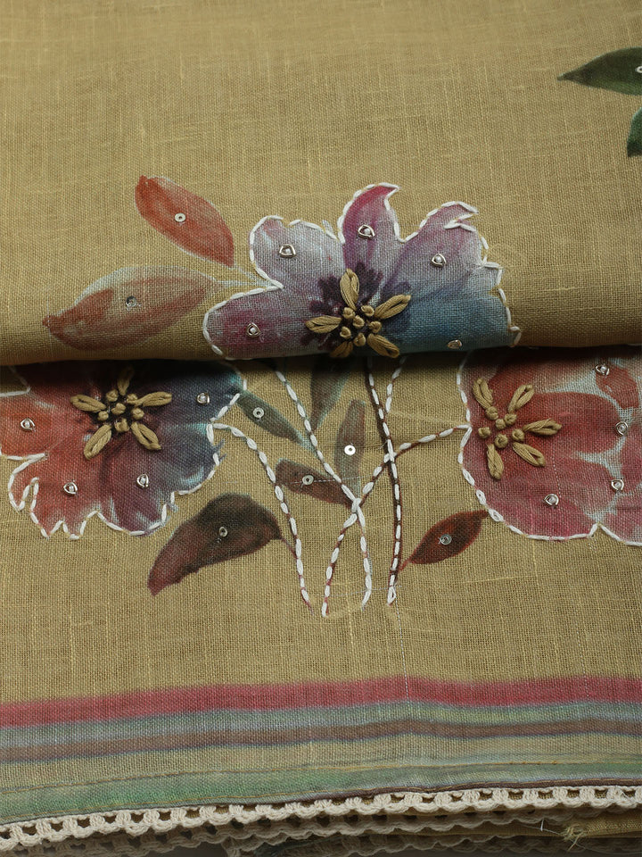 Printed Linen Unstitched Kurta With Pant &amp; Dupatta