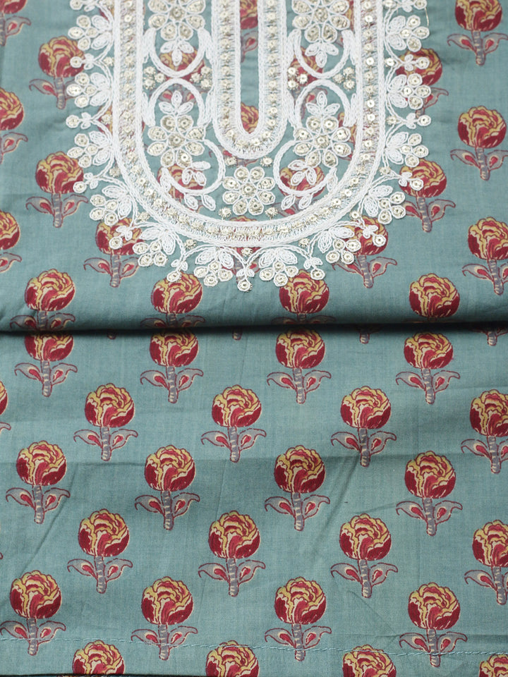 Aqua Green Printed Cotton Blend Unstitched Dress Material