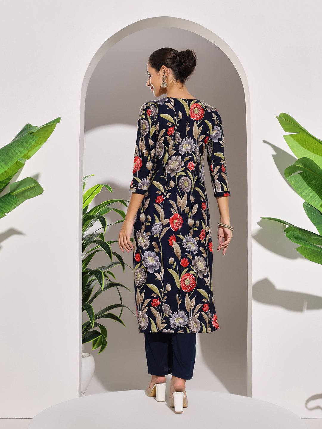 Neck Embroidered Cotton Blend Kurta With Pants
