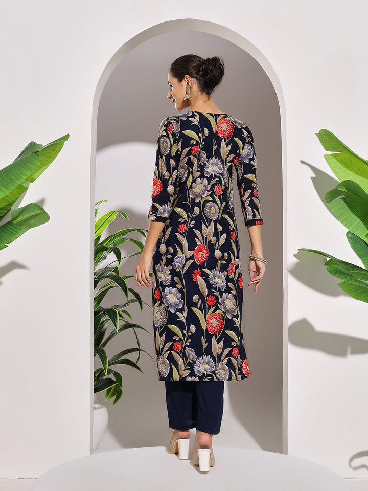 Neck Embroidered Cotton Blend Kurta With Pants