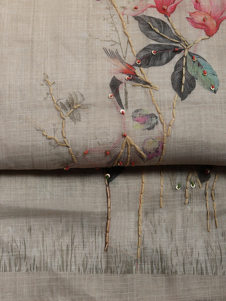 Printed, Linen Blend Unstitched Suit With Pant &amp; Dupatta