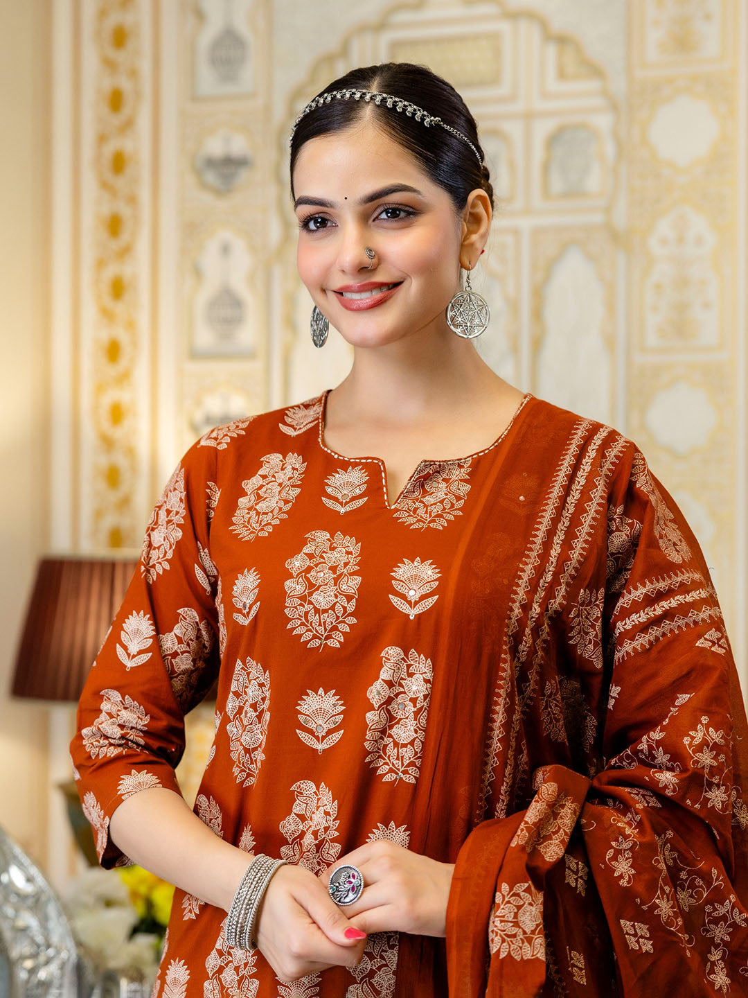 Rust Cotton Blend Printed Straight Suit Set